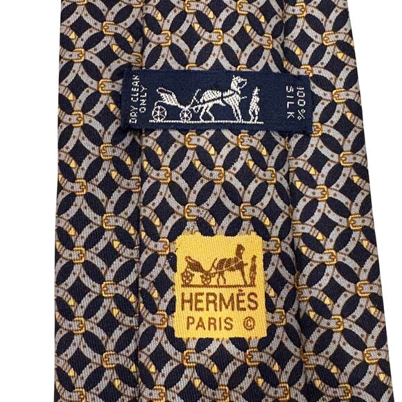 Hermes Mens Silk Necktie Made in France Luxury Equestrian Belt Blue Gray - Picture 6 of 10